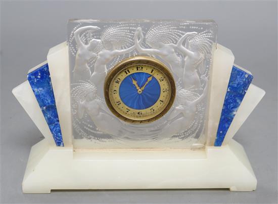 A Lalique Art Deco onyx and frosted glass mantel timepiece, with enamelled dial, height 14cm